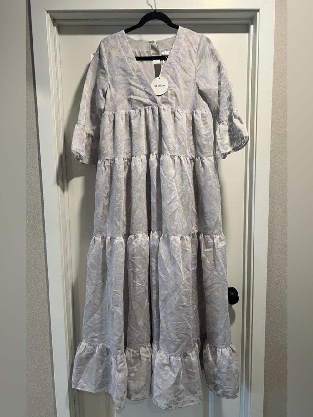 Storia Bridgerton Inspired Blue & Grey Tiered Jacquard Formal Dress Size S NWT